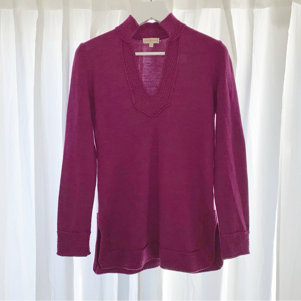 TORY BURCH LIZZIE MAGENTA DARK PURPLE MERINO WOOL KNIT TUNIC SWEATER - Picture 3 of 9